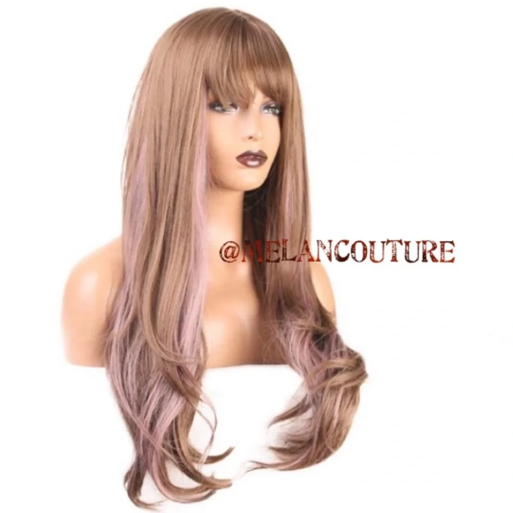 Natural Wave Synthetic Wig Bangs Glueless Cosplay Costume 24 inches pink brown